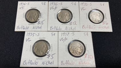 (5) 1930s Buffalo Nickels