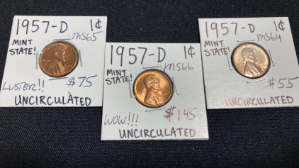 (3) 1957-D Uncirculated Wheat Pennies