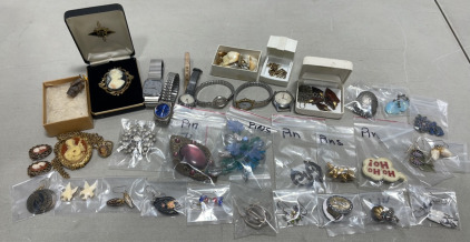 Big Lot Of Costume/Craft Ladies Earrings, Pins, And Watches