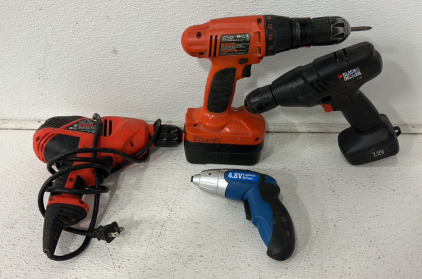 (1) Black & Decker 10mm Drill, (1) Black & Decker 10mm 7.2 Volt Drill, (1) Black & Decker 10mm Cord Drill, (1) 4.8 Volt Lighted Driver