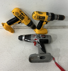 (1) Craftsman 75th Anniversary 19.2 Volt Drill, (1) Dewalt Cordless Heavy Duty 1/2’’ Cordless Drill, (1) Dewalt 1/2’’ VSR Cordless Adjustable Clutch Drill