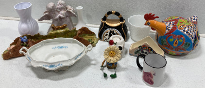 (1) 8” Vase (1) Angel Candle Holder (1) Fat Chicken Figurine & More!!