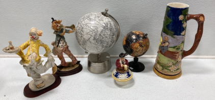 (2) Assorted Globes (2) Decorative Clown Figures And More!