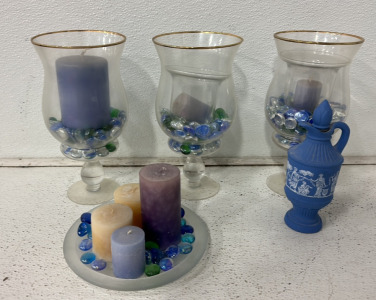 (3) Glass Candle Holders With Marbles, (1) Blue Ceramic Decorative Decanter, (1) Glass Plate Candle Display Holder With Marbles