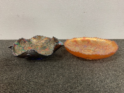 Fenton Blue C.G. Peacock At URN 9&rdquo; Bowl And Fenton Marigold Bowl 8.25&rdquo;