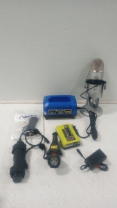 (1) Blue Yeti Microphone (1) Kobalt 40V Charger (1) Ryobi 40v Rechargeable Battery (1) NR Off-road Bike Light
