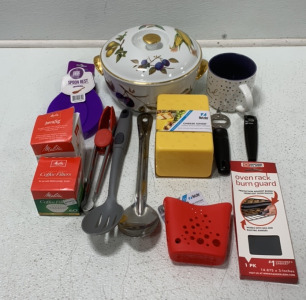 (1) HUTZLER CHEESE SAVER, (1) RANGLE KLEEN OVEN RACK BURN GUARD, (1) HUTZLER SPONGE STATION, (1) COOL WORKS SPOON REST, AND MORE