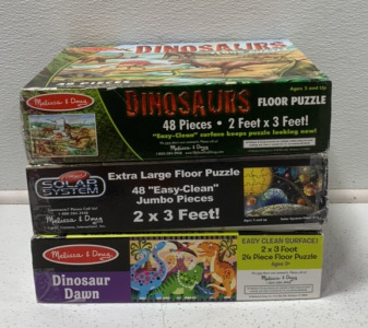 (1) SOLAR SYSTEM EXTRA LARGE FLOOR PUZZLE, (1) MELISSA DOUG DINOSAUR DAWN, (1) DINOSAUR FLOOR PUZZLE