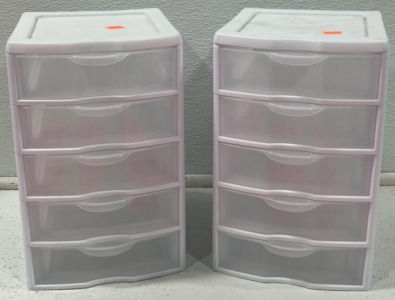 TWO WHITE FIVE DRAWER ORGANIZER BOXES (7X11”)