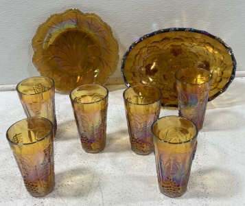 EIGHT PIECE DEPRESSION GLASS PUNCH BOWL SET