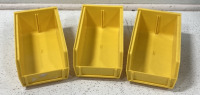 THREE YELLOW STACKABLE ULINE ORGANIZER BOXES