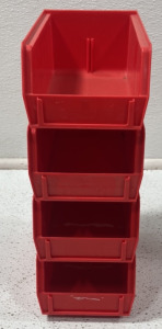 FOUR RED ULINE STACKABLE STORAGE BOXES