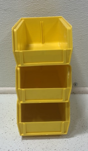 (3) YELLOW ULINE STACKABLE ORGANIZER BOXES