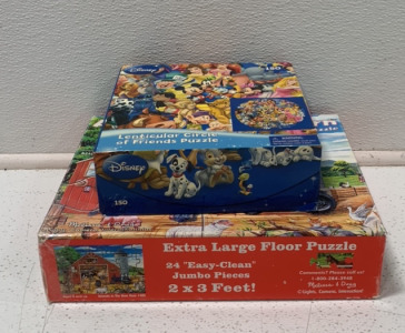 (1) DISNEY LENTICULAR CIRCLE OF FRIENDS PUZZLE, AND (1) EXTRA LARGE FLOOR PUZZLE