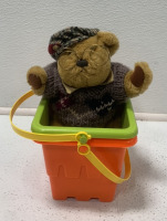 (1) SMALL CLOTHED STUFFED BEAR, WITH (2) PLASTIC SAND BUCKETS