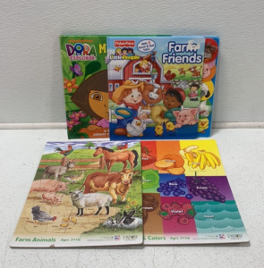 (2) CHILDRENS PUZZLES, (1) DORA THE EXPLORER MY FRIENDS BOOK, (1) LITTLE PEOPLE FARM FRIENDS