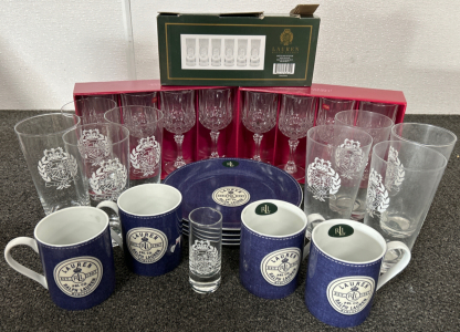 RALPH LAUREN MUGS, GLASSWARE, SHOT GLASS SET, AND (2) SETS OF CRYSTAL DARQUES