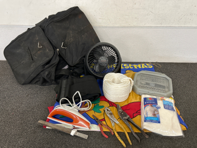 HOUSEHOLD GOODS INCLUDES: WESTERN PACK DUFFEL BAG, HONEYWELL FAN (WORKS), ROLL OF ROPE, TOOL SET, BACK BRACE, AND MORE