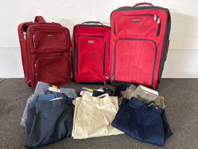 (3) SUITCASES AND (9) MENS SLACKS SIZES 34-36