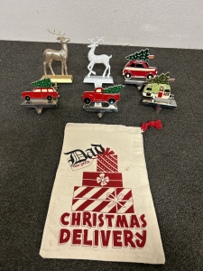 6 MANTLE CHRISTMAS STOCKING HOOKS AND “DAD FROM SANTA” CHRISTMAS GIFT SACK