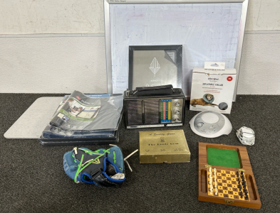 VINTAGE AM/FM RADIO (WORKS), VINTAGE TRAVEL CHESS GAME, HOMEDICS WHITE NOISE MACHINE (WORKS), INFLATABLE DOG COLLAR AND MORE