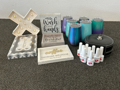 5 INSULATED STAINLESS STEEL STEMLESS WINE CUPS WITH LIDS, TRAVEL JEWELRY BOX, 9 UNOPENED BOTTLES UV/LED NAIL POLISH, 1 LIGHT UP &lsquo;X&rsquo; AND 4 SMALL SIGNS