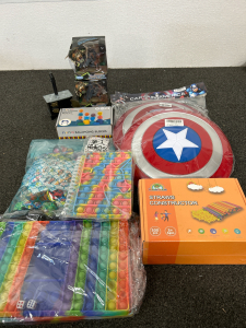 2 CAPTAIN AMERICA COSTUMES WITH EXTRA SHIELD, STAR WARS SRICKS, 2 SEATON FIGURINES AND MORE