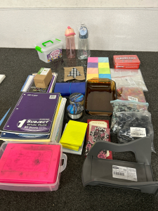 JEWELRY BEADS, POST-IT NOTES, 2 WATER BOTTLES, NOTEBOOKS, NARROW BAKING DISH AND MORE