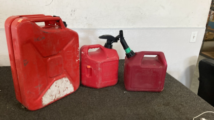5 GALLON JERRY CAN AND (2) ONE GALLON GAS CANS