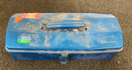 (1) TOYO METAL TOOL BOX WITH SCREWS, BOLTS, ELECTRICAL TAPE, AND MORE