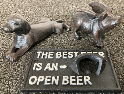 CAST IRON LABRADOR DOOR STOP, FLYING PIG AND BOTTLE OPENER