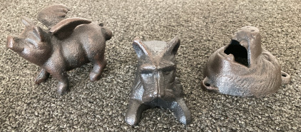 CAST IRON SCOTTY DOG DOOR STOP, FLYING PIG AND BEAR BOTTLE OPENER