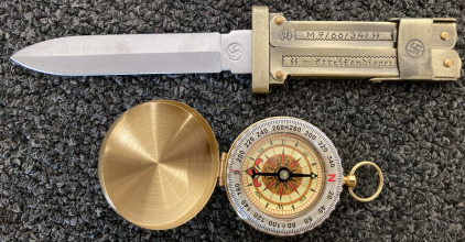 BRASS TONED SCISSOR ACTION KNIFE AND COMPASS WITH GLOW IN THE DARK DIAL