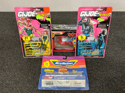 VINTAGE COLLECTIBLE TOYS: (2) GI JOE NINJA FORCE ACTION FIGURES, MICRO MACHINES CRUISIN COLLECTION CARS AND 1986 TRANSFORMER &ldquo;TARGET MASTER&rdquo; POINTBLANK