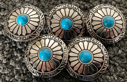 (5) DECORATIVE SILVER TONED AND TURQUOISE CONCHOS