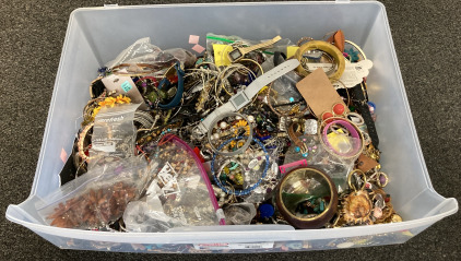 STERILITE DRAWER FULL OF COSTUME JEWELRY, WATCHES, BEADS AND MORE