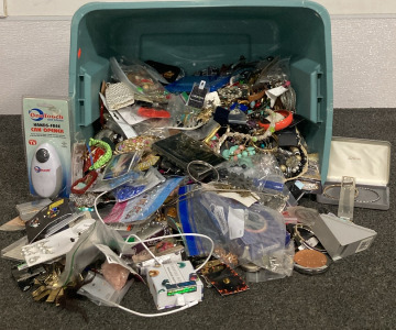 18 GALLON TOTE OF COSTUME JEWELRY, KEEPSAKES AND MORE