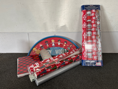 (8) ROLLS OF CHRISTMAS WRAPPING PAPER, GIFT BOXES AND “JOY TO THE WORLD” SIGN