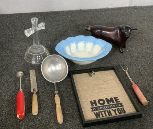 (1) GLASS BULL BOTTLE, (1) CERAMIC SERVING DISH, (1) GLASS CROSS DISPLAY, AND MORE