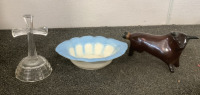 (1) GLASS BULL BOTTLE, (1) CERAMIC SERVING DISH, (1) GLASS CROSS DISPLAY, AND MORE - 3