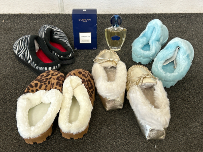 “SHALIMAR” COLOGNE FOR MEN AND 4 PAIRS OF NEW SLIPPERS FOR WOMEN (SIZE SMALL 5-6)