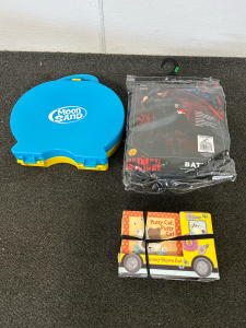 BOYS BATMAN COSTUME (LARGE), MOON SAND, 8 NURSERY RHYME BOOKS AND BLUEBERRY THE PIG SMALL BEAN FILLED TOY ANS MATCHING KEYCHAIN