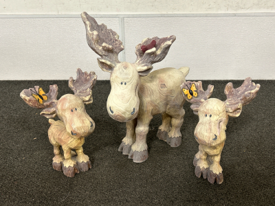 3 WOODEN MOOSE STATUES