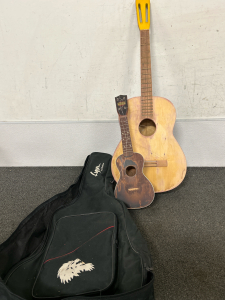 WOODEN UKELALE AND GUITAR (FOR REPAIR) WITH A SOFT CARRYING CASE