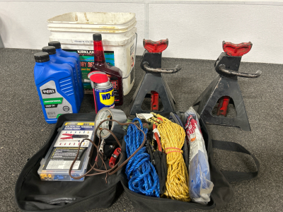 2 JACK STANDS (2 TONS EACH), 3 QUARTS NEW 10W-30 CONVENTIONAL OIL, FUEL TREATMENT, WD-40, SOLDERLEAS TERMINAL ASSORTMENT, ROPES AND TIE DOWNS