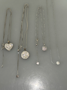 4 GORGEOUS SILVER TONE NECKLACES WITH SHINING CLEAR STONES