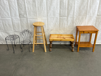 WOOD END TABLE WITH SMALL DRAWER, SMALL CUSTOM WOOD TRAY TABLE, WOOD STOOL (NEEDS WOOD GLUE) AND 2 METAL PLANT STANDS