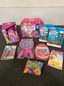 DISNEY PRINCESS BANK ALARM CLOCK, COLOR SMASHERZ HAIR SALON, SUNCATCHER FRAME KIT (2), FINDING NEMO 2-IN-1 ACTIVITIES INVISIBLE INK EITH STICKERS, DISNEY PRINCESS WORD SEARCH PUZZLES, DORA THE EXPLORER COLOR ME BATH SET, BAG IF SMALL BOUNCY BALLS AND GIRL