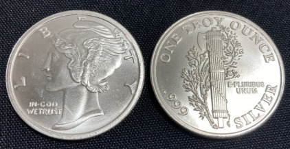 (2) Mercury Dime Design One Troy Ounce .999 Silver Rounds