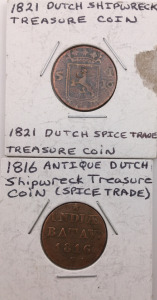 (1) 1821 Dutch Spice Trade Shipwreck Treasure Coin (1) 1816 Antique Dutch Spice Trade Shipwreck Treasure Coin